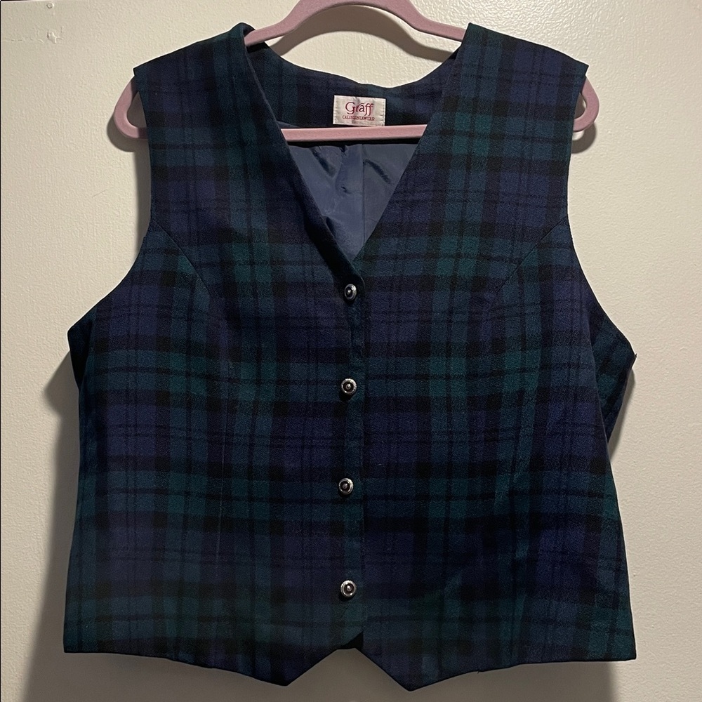 Graff Scottish Vintage Tartan Plaid Button-Up Vest - Blue and Green 5 Buttons